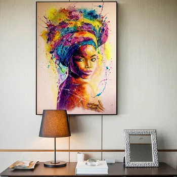 Abstrakt Africké Dievča Portrét Afro Vlasy Plátno, Vytlačí Na Stenu Umenie Graffiti Watercolour Plagát Maľovanie Na Obrázok Pre Obývacia Izba