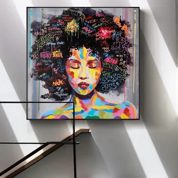 Abstrakt Africké Dievča S Písmenami Wall Art Plátno Moderný Pop Stenu Graffiti Art Obrazy Čierna Žena Cuadros Obraz Domova