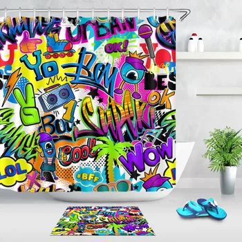 Abstrakt Comics Graffiti Vzor Extra Dlhé Sprchové Závesy Kúpeľňa Opony Nepremokavé Polyesterové Tkaniny Pre Chlapca Vaňou Dekor