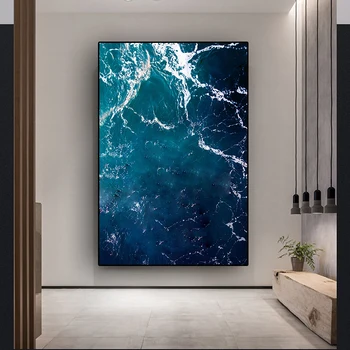 Abstrakt Vlny Hlboké Modré more More Zvlnené Plátno Maľovaní Plagátov a Vytlačí Nordic Štýl Wall Art Obrázok pre Obývacia Izba Dekor