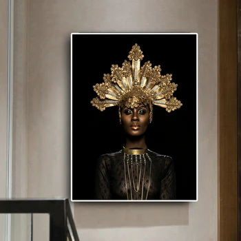 Abstrakt Zlatú Korunu Čierne Africké Ženy, olejomaľba na Plátne, Plagáty a Vytlačí Škandinávskych Wall Art Obrázok pre obývacia izba