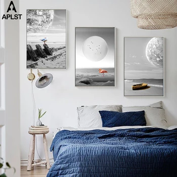 Abstraktná Čierna a Biela Planéta Plátno, Vytlačí Maľovanie na Pláži Mesiac Mesačná Krajina Múr Umenia Plagátu Domova Obrázok Obývacia Izba