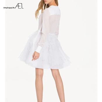 AEL Skladaný dolný lem Rozdeliť Spoločný Organza Šaty Žena Viacvrstvových Volánikmi plesové Šaty 2019 Nové Módne Oblečenie Vysoký Pás Mini