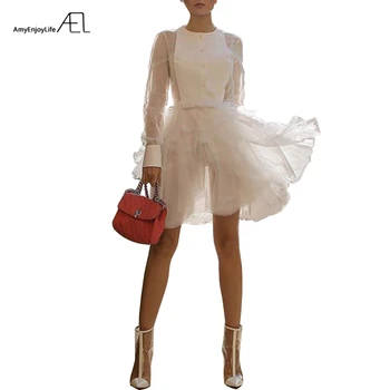 AEL Skladaný dolný lem Rozdeliť Spoločný Organza Šaty Žena Viacvrstvových Volánikmi plesové Šaty 2019 Nové Módne Oblečenie Vysoký Pás Mini