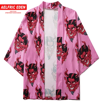 Aelfric Eden Diabol Vytlačené Hip Hop Harajuku Tričká Pánske Japonský Štýl Streetwear Bunda Letná Voľné Kimono 2020 Muž Ružová Topy