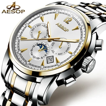 AESOP Pánske Automatické Mechanické Hodinky Mužov Luxusné Zlaté pánske Náramkové hodinky Vodotesné Muž Hodiny Mužov Dátum Týždeň Relogio Masculino