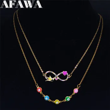 AFAWA turecký Oko Bezdrôtový Slučky Nehrdzavejúcej Ocele Vrstvený Náhrdelník Láska Mraky Medi Zirkón Multicolor Šperky, Náhrdelníky N72S01