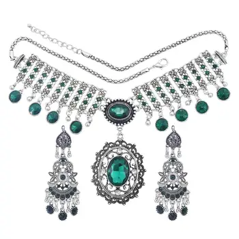 Afganský Ročníka, Strieborná Farba Kovové Náhrdelníky Náušnice, Sety pre Ženy Boho Black Green Crystal Vyhlásenie Náhrdelník Tribal Šperky