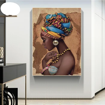 Afrika Čierna Žena Farebné Klobúky, olejomaľba na Plátne, Plagáty a Vytlačí Cuadros Wall Art Obrázky pre Obývacia Izba Domova