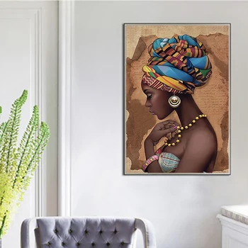 Afrika Čierna Žena Farebné Klobúky, olejomaľba na Plátne, Plagáty a Vytlačí Cuadros Wall Art Obrázky pre Obývacia Izba Domova