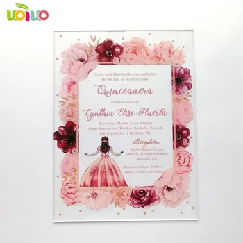 Akryl karty s farebnými tlač kvet Quinceanera pozvánka, akryl tlač vlastných výpovedí, narodeniny pozvánka