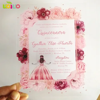Akryl karty s farebnými tlač kvet Quinceanera pozvánka, akryl tlač vlastných výpovedí, narodeniny pozvánka