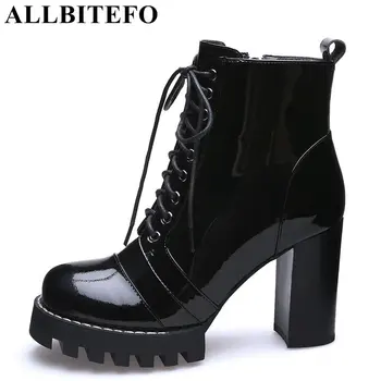 ALLBITEFO módne originálne kožené silné päty platformu ženy, topánky na vysokom podpätku topánky vysokej kvality usne, topánky dievčatá členková obuv