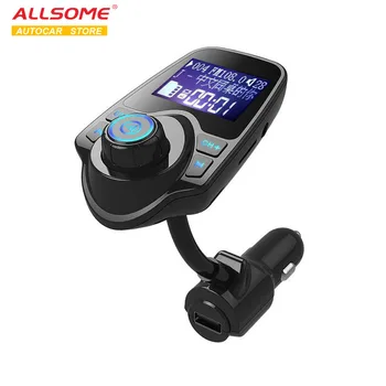 ALLSOME T10 Bluetooth Súprava Handsfree Sada FM Vysielač, MP3 Prehrávač Hudby 5V 2.1 A USB Nabíjačka do Auta, AUX Otvoru Line in & Line Out