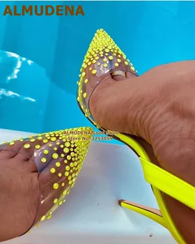 ALMUDENA Bling Bling Crystal Svadobné Topánky Neon Žltá Vysokým Podpätkom Slingback Šaty Čerpadlá Transparentné PVC Gladiator Topánky Size43