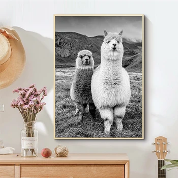 Alpaky Plagát Plátno Umenie Maľba Zvieracie vzory a Plagáty Lama Black a White Wall Art Obraz pre Deti Izba Domáce Dekorácie