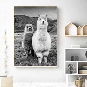 Alpaky Plagát Plátno Umenie Maľba Zvieracie vzory a Plagáty Lama Black a White Wall Art Obraz pre Deti Izba Domáce Dekorácie