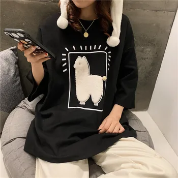 Alpaky T-shirt Voľné Bežné Dámske Plus Veľkosť Módy Krátky Rukáv, Šitie Top 2020 Lete kórejský Roztomilé Dievčenské Bavlnené tričko