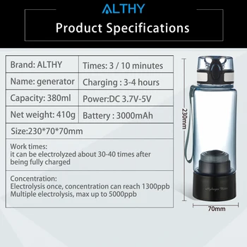 ALTHY, Bohaté na Vodík Voda Generátor Fľaša - 3000mah veľké batérie - DuPont SPE+PEM Dual Komora H2 Maker lonizer Elektrolýza