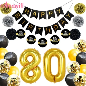 Amawill 80. Narodeniny Party Dekorácie Kit Black Happy Birthday Banner Papierové kvety Nálepky Zlato 80 Rokov Strany Dodávky 7D