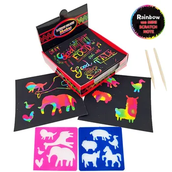 Amazon Hot 100ks Diy Rainbow Poškriabaniu Mini Poznámky Umenie Vzdelávacie Scarpint Kreslenie Hračky S 2 Drevené Perá Pre Deti Tvorivé Darček