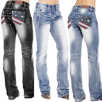 Americká Vlajka Úsek Umyté Bootcut Jeans pre Ženy Vysoký Pás Vintage Nohavice LXH
