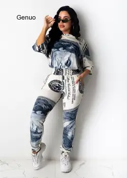 AMERICKÝ Dolár Tlačiť Dva Ks súprava Tepláková súprava Pre Ženy Tričko Chudá Jogger Suit Tepláky Zodpovedajúce Nastavenie Oblečenie Femme 2020 Nové