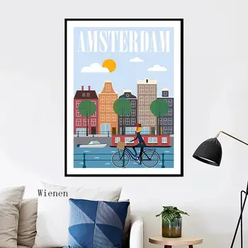 Amsterdam Mape Mesta Cartoon Cestovanie Mesto Krajiny Plagát Vytlačí na Stenu Umelecké Plátno na Maľovanie pre Spálne, Obývacej Miestnosti Dekorácie