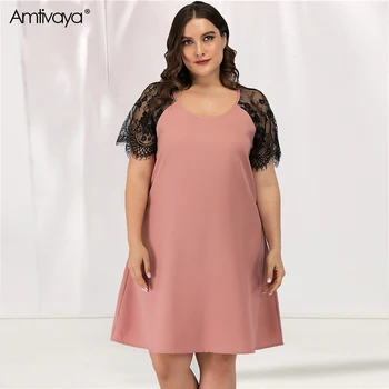 Amtivaya Plus Veľkosť Šaty Pre Ženy Lete Roku 2020 Elegantné O Krk Šifón Čipky Krátke rukávy Party Šaty Noc Pink Elegantné