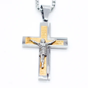 AMUMIU Ježiš španielsky Písma Biblie Zlatá Farba Nehrdzavejúcej Ocele Cross Prívesok Náhrdelník Reťazca pánske, dámske Šperky HP254D