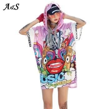 Anbenser Lete Ženy Hip-hop T-shirt Dress Voľné Graffiti Kapucí T Shirt Šaty prílevu Streetwear Bežné Oblečenie pre Ženy