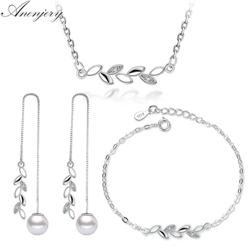 ANENJERY 925 Sterling Silver Jednoduché Šperky Sady Pobočky Listy Zirkón Náhrdelník+Náušnice+Náramok Pre Ženy, Dievča, Darček