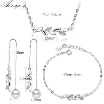 ANENJERY 925 Sterling Silver Jednoduché Šperky Sady Pobočky Listy Zirkón Náhrdelník+Náušnice+Náramok Pre Ženy, Dievča, Darček