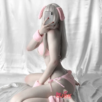 Anime Cosplay Kostým DDLG Bunny Dievča Sexy Baby Pink Králik Bikini Set Erotické Oblečenie Pre Ženy, Kravatu Strane GString Podprsenka Remeň Kawaii