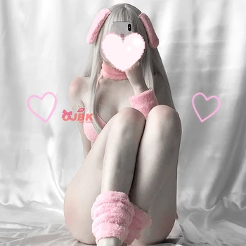 Anime Cosplay Kostým DDLG Bunny Dievča Sexy Baby Pink Králik Bikini Set Erotické Oblečenie Pre Ženy, Kravatu Strane GString Podprsenka Remeň Kawaii