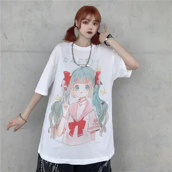 Anime Dievča Tlač Grafické T-shirt pre Ženy, Dámy Japonský Harajuku Tričko Krátky Rukáv Tričko Kawaii Oblečenie Roztomilé Modré Tričko Top