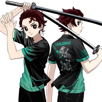 Anime Démon Vrah Kimetsu č Yaiba Kamado Tanjirou Cosplay Tričká Unisex Krátke Čierne a Zelené Tričko Tee Top Kostýmy