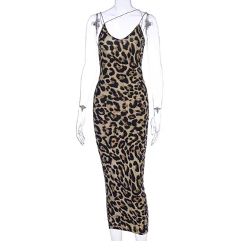 ANJAMANOR Leopard, Had Tlač Špagety Popruh V Krku Dlho Bodycon Šaty Módne Sexy Nočného Klubu Šaty 2020 Lete D70-I54