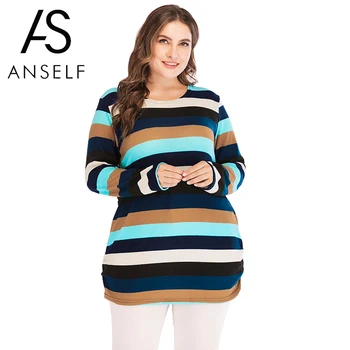 Anself Plus Veľkosť Pruhovaný Sveter Kórejský Módne Ženy Slouchy Knitwear Farebný Prúžok Pletené Dlhý Pulóver Topy Kpop Oblečenie