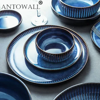 ANTOWALL Tvorivé Nordic keramické dosky modrým pruhom plochá doska domácnosti keramické dosky západnej tanier cestovín steak doska