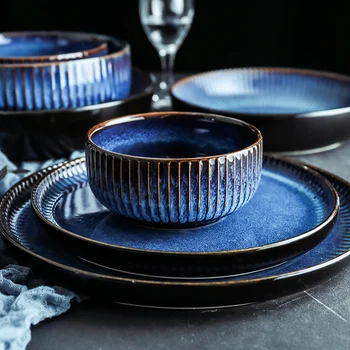 ANTOWALL Tvorivé Nordic keramické dosky modrým pruhom plochá doska domácnosti keramické dosky západnej tanier cestovín steak doska