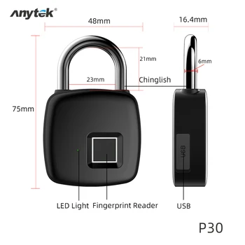 Anytek Dverí zamky Keyless Odtlačkov prstov Zámok, USB nabíjanie bezpečný zámok Nabíjateľná Elektrický Dverný Zámok pre Batoh Batožiny