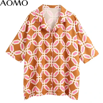 AOMO módne ženy, nadmerné veľkosti tlače šifón letná blúzka s krátkym rukávom elegantné ženy príležitostné voľné blusas topy BE363A