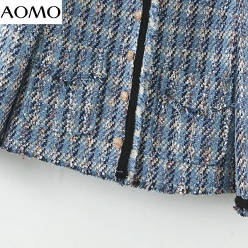 AOMO ženy modré kockované sako strapec dlhý rukáv elegantné dámske sako práce nosiť sako formálne vyhovuje SL61A