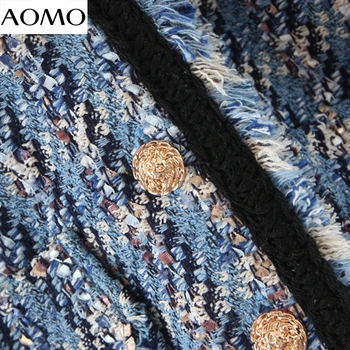 AOMO ženy modré kockované sako strapec dlhý rukáv elegantné dámske sako práce nosiť sako formálne vyhovuje SL61A