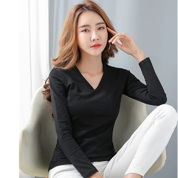 AOSSVIAO Kórea Biele tričko Ženy Oblečenie tvaru Jeseň Zima Dlhý Rukáv Bavlna 2020 Tričko Topy Bežné Black Tee Tričko Femme