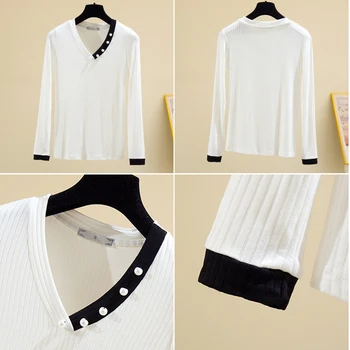 AOSSVIAO T shirt Ženy Topy Lištovanie Sexy Biele Tričko Ženy kórejské Oblečenie s Dlhým Rukávom Bežné Patchwork Tee tričko Femme 2020