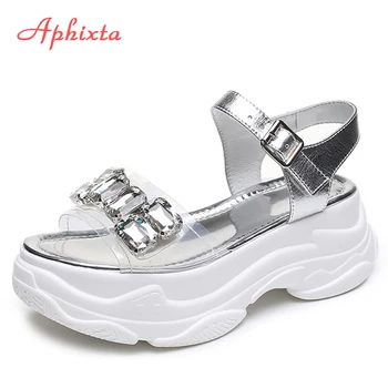 Aphixta Platformu Šperky Klinu Náklonu Transparentné Kamienkami Letné Sandále Ženy Diamond Topánky Ženy Pracky Crystal Mu Žena