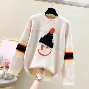 [ARQ] Jar a na Jeseň 2021 nové pribrala sveter, voľné pulóver, joker smajlíka knitwear