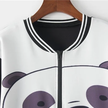 Artguy Nové Ženy Móda LongSleeve Kontrast Pruhované Manžety Panda Kreslených Mačka Tlače Baseball Jacket Girl Zip až Bunda Outwear Mikina Topy